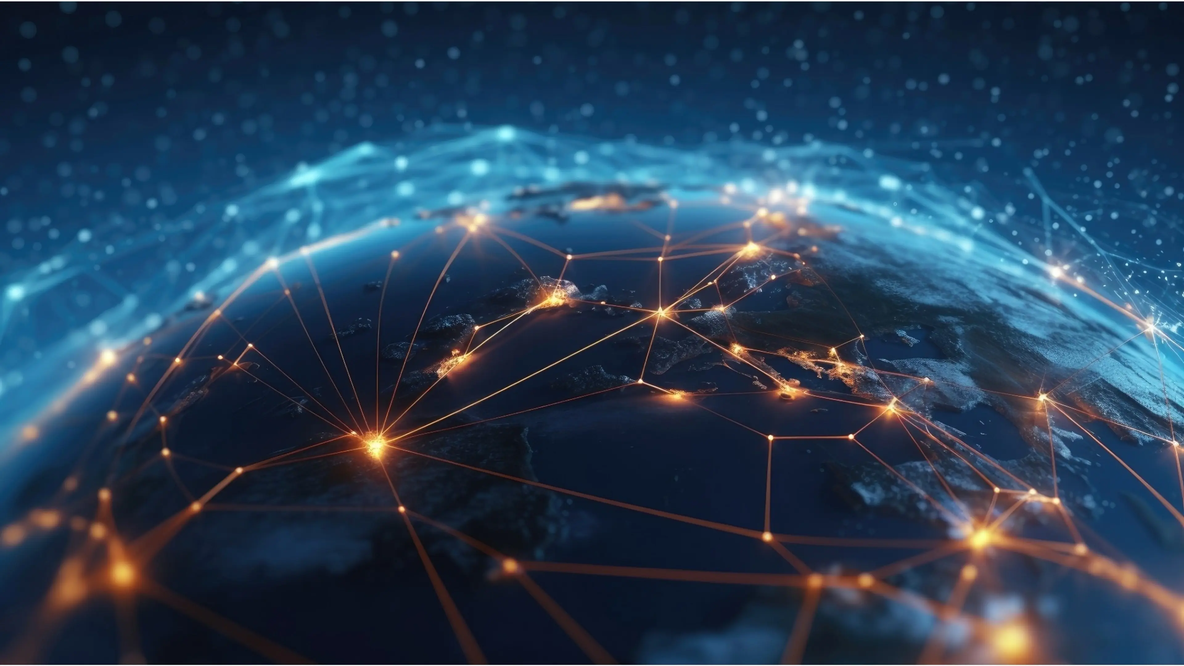 A global network illustration showing interconnected lines and dots representing worldwide connectivity.