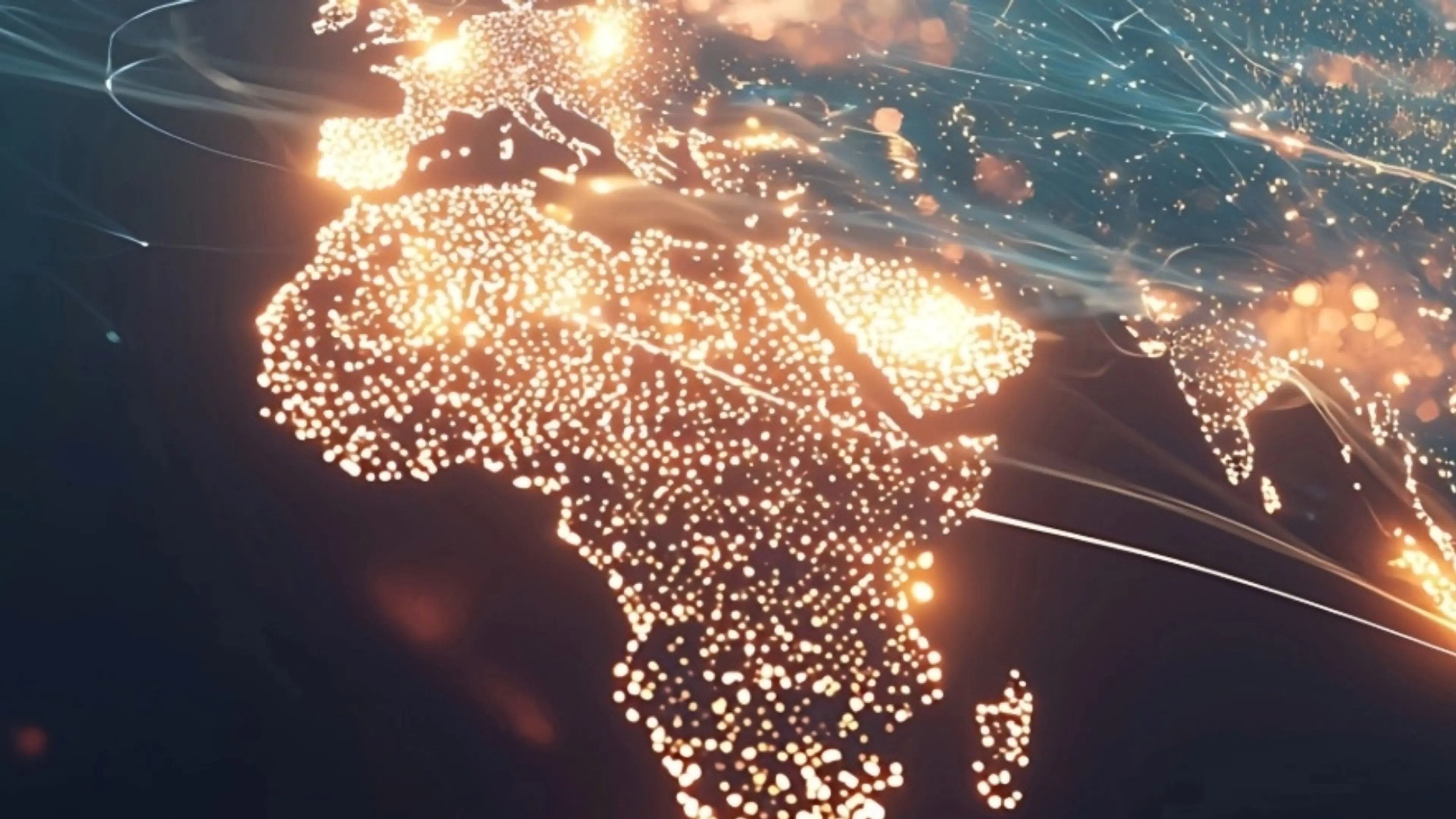 Illuminated world map featuring a network of lines, highlighting Africa.