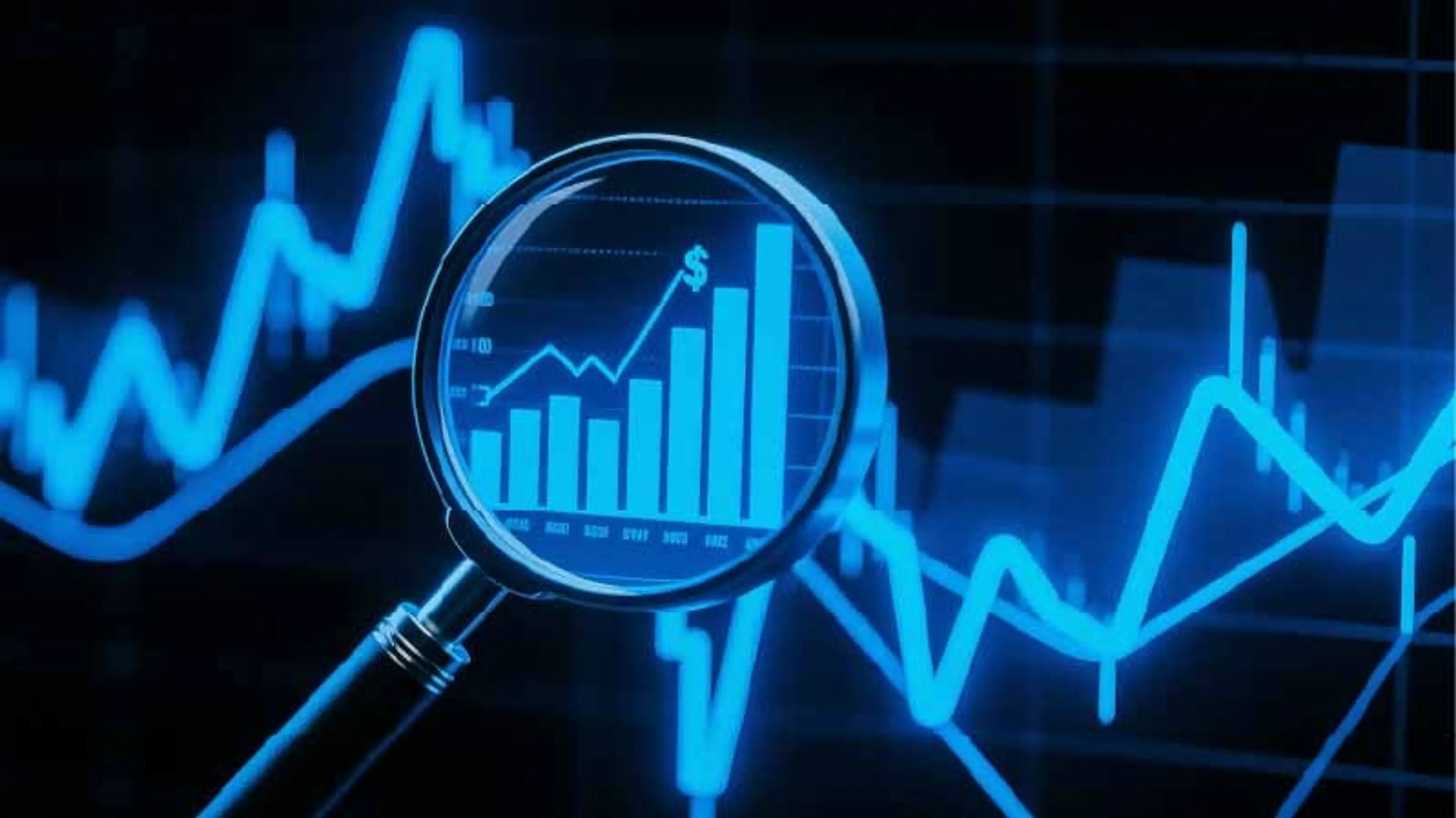 A magnifying glass over a financial chart, illustrating market analysis