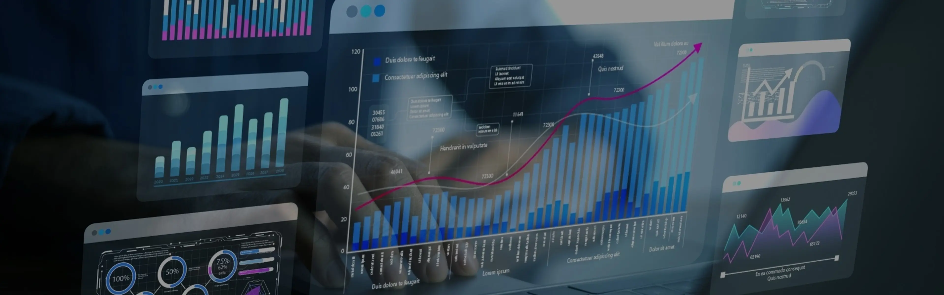 A person examines a laptop screen displaying various graphs and charts for data analysis.