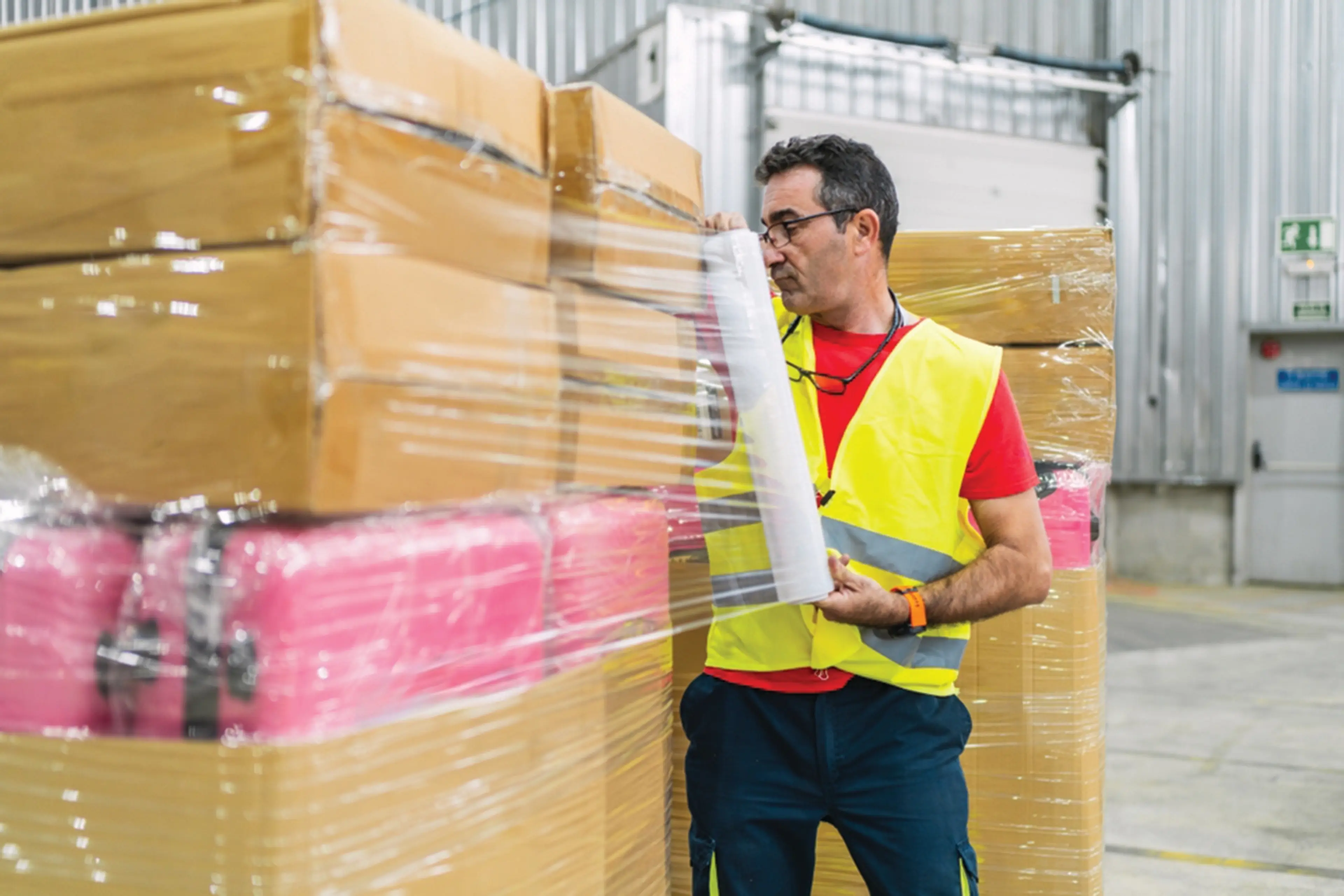 Warehouse man wrapping pallet of boxes in Stretch film