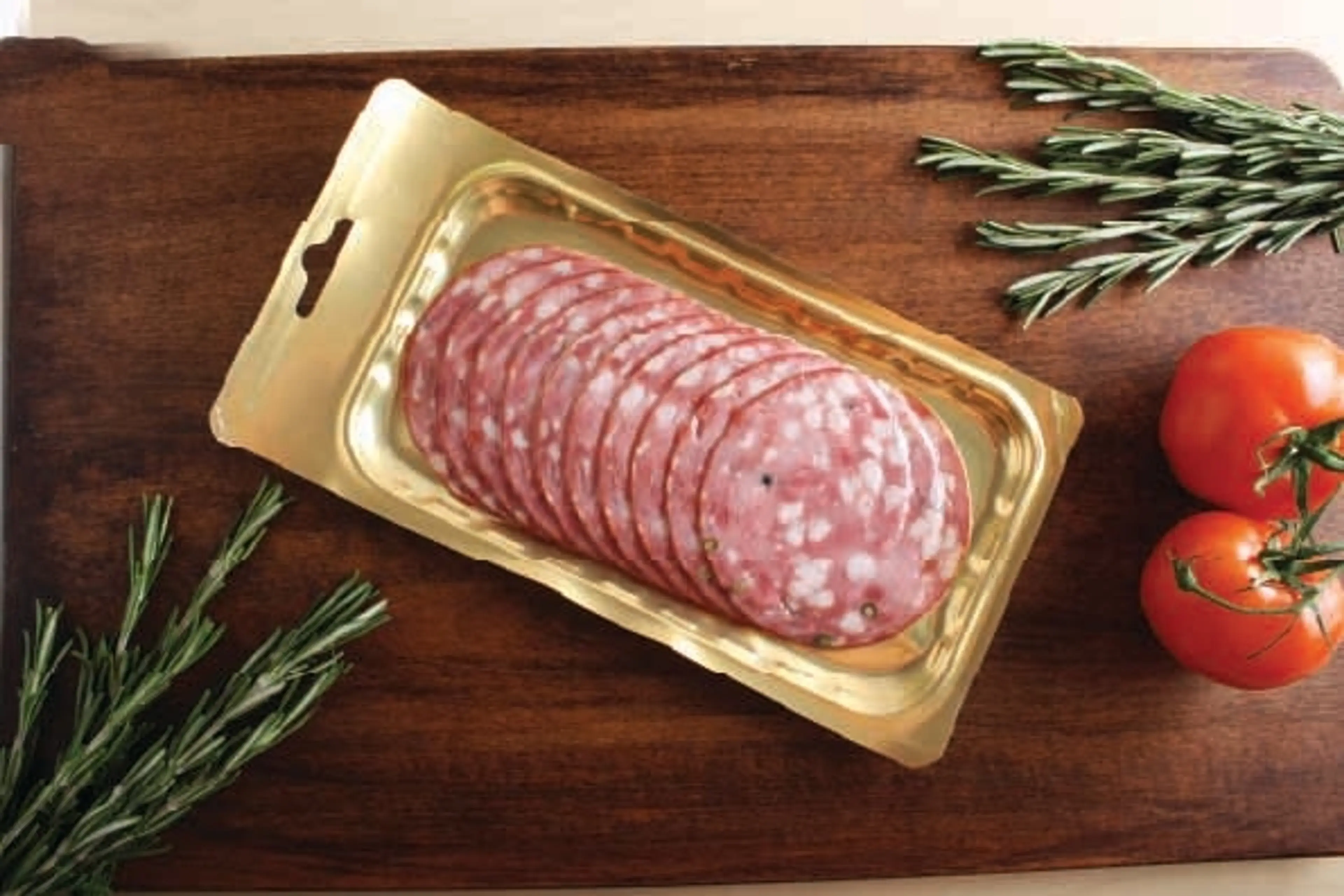 Salami on golden PET tray and heat wrapped