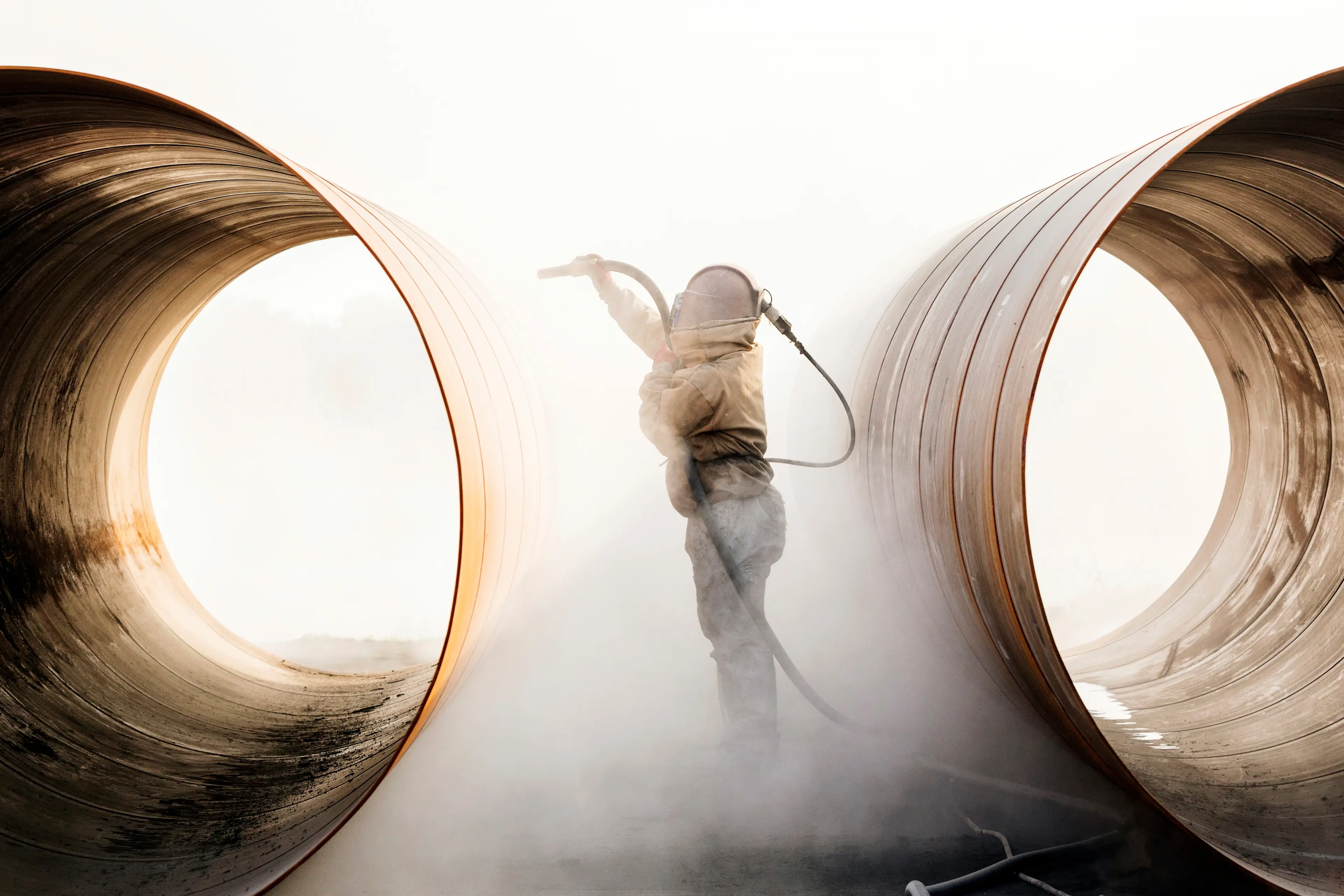 Man spray large diameter pipes